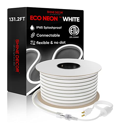 Shine Decor Led Neon Rope Lights Connectable, 132Ft Flexible Ac 110V 120V Neon Led Strip Lights(Daylight Cool White) Outdoor Waterproof, Etl Plug&Play Neon String Lighting 120Led/M For Home Commercial #TOP26