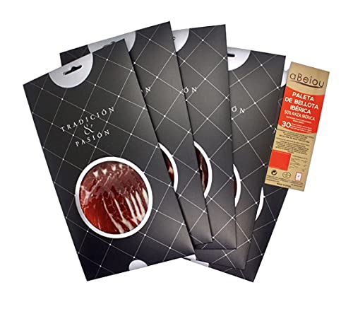 aBeiou. 500gr Schulter GESCHNITTENE EICHEL IBERISCHER SCHINKEN. Ausgehärtet +30 Monate in Guijuelo Spanien. Hycer-Garantiezertifikat. Jamon Iberico Bellota Patanegra. 5x100gr Karton