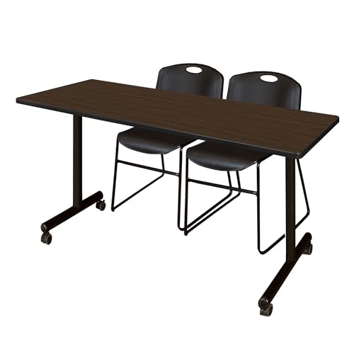 Image of Regency Kobe 66 x 24 in. Mobile T-Base Training Table- Neo Walnut, 2 Zeng Stack Chairs- Black