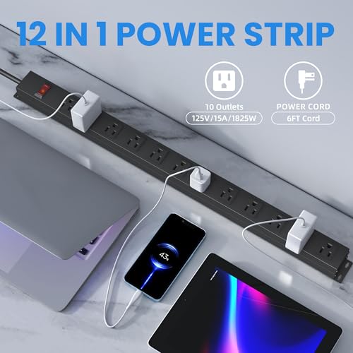 Image of 12 Outlet Long Power Strip with 15A Circuit Breaker,Black Wall Mount Heavy Duty Power Strip with 6FT /14AWG /15A /125V Extension Cord for Industrial,Garge,Office,Home and School,Black(6FT)