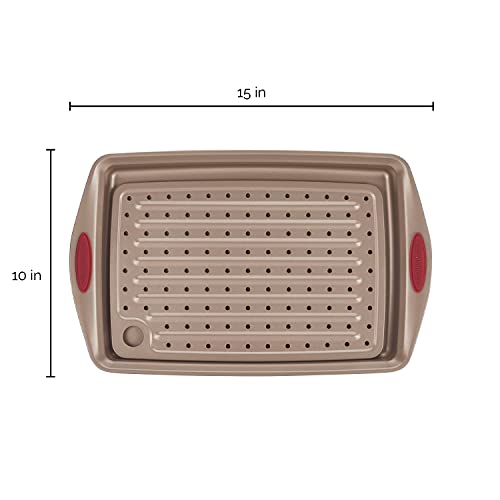 Rachael Ray Cucina Nonstick Bakeware Set With Grips, Nonstick Cookie Sheet / Baking Sheet With Crisper Pan - 2 Piece, Latte Brown With Cranberry Red Handle Grips #TOP1