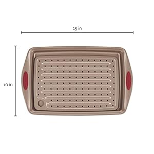 Rachael Ray Cucina Nonstick Bakeware Set with Grips, Nonstick Cookie Sheet / Baking Sheet with Crisper Pan - 2 Piece, Latte Brown with Cranberry Red Handle Grips Rachael Ray Cucina Nonstick Bakeware Set with Grips Nonstick Cookie Sheet Baking Sheet with Crisper Pan 2 Piece Latte Brown with Cranberry Red Handle Grips