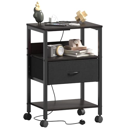 Lutown-Teen Bedside Table with Charging Station, Night Stand Small Bedside Cabinet with Open Storage Shelf and 1 Fabric Drawer, Side Table with 4 Castor Wheels for Bedroom, Living Room, Black