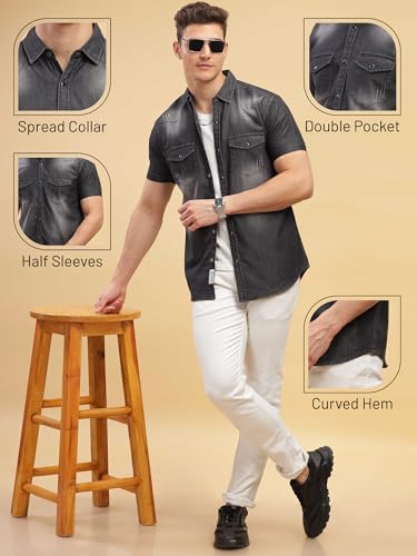 Image of Kuons Avenue Men's Black Double Pocket Half Sleeve Denim Shirt | Western Denim Shirt for Men