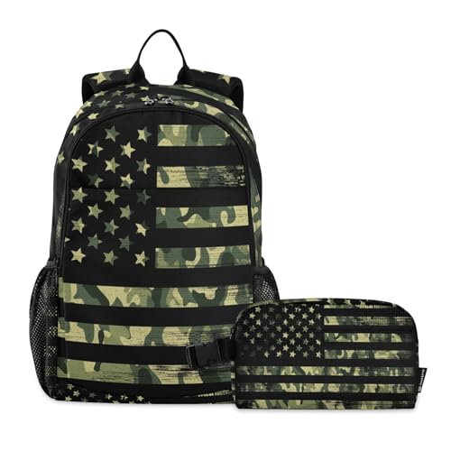 American Flag with Green Camo Backpack Set for Kids Girls Boys Elementary Middle School Bags with Lunch Bag