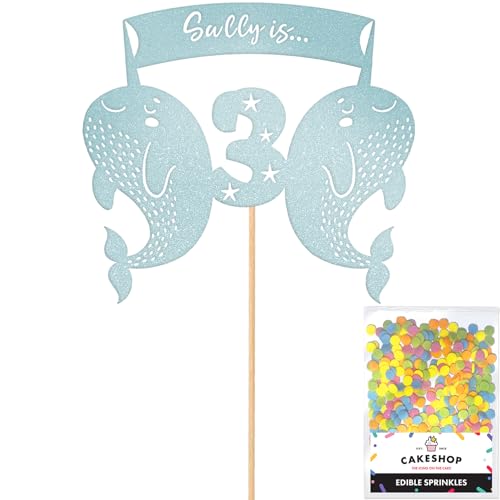 Personalised Birthday Narwhal Glitter Cake Topper- Light Blue Any Custom Age & Name Glitter Cake Decoration and Sprinkles - Happy Birthday Decorations - Personalised Toppers for Cakes by Cakeshop
