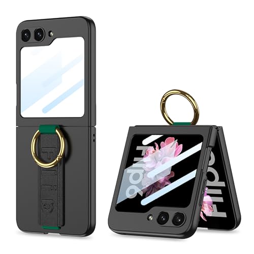 COQUE Galaxy Z Flip 6 Case with Ring,Shell Film All-Inclusive Phone Case with Wristband Video Stand,Folding Phone Cover for Samsung Galaxy Z Flip 6 5G-Black