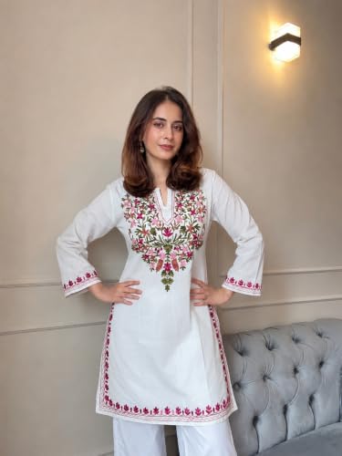 Image of GoSriKi Short Kurti for Women Viscose Embroidered | Kurti for Woman Regular Fit | Round Neck V Slit Full Sleeve Stylish Ladies Top Ethnic Wear Womens Clothing Trendy Kurta Tops