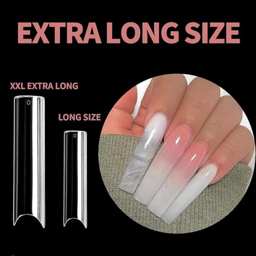 Image of UNA GELLA No C Curve Nail Tips 504 PCS Extra Long XXL Tapered Square Nail Tips Half Cover Nails tips Straight Shape For French Acrylic Nails False Fake Clear Tips Square Shape with Box