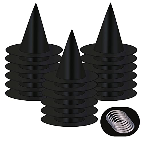 UONMAY 24 Pcs Halloween Black Witch Hats Bulk with Hanging Rope, Outdoor Halloween Decorations Front Porch Floating Witches Hat for Halloween Decor Party Favors