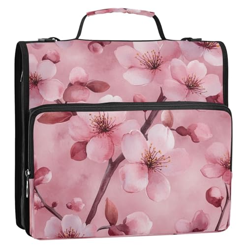 Boccsty Watercolor Cute Pink Cherry Blossoms Zipper Binder 3 Ring Binders Expanding File Folder Multi-Pocket Zipper Binder Organizer for School Shoulder Strap and Handle