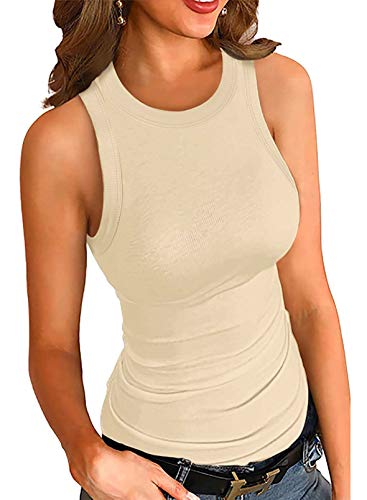 ROSKIKI Women s Summer Knit Top Ribbed Sleeveless Henley Basic Slim Cami Crew Neck Vest Shirt Tank Top Apricot X-Large
