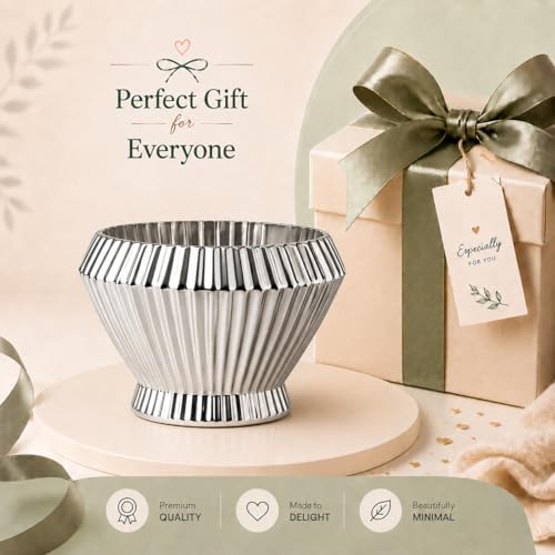 Image of Xtore Ornamental Ceramic Floral Bowl Planter | Ribbed Centerpiece Flower Pot for Coffee Table & Living Room Decor - (Metallic Silver, Planter ONLY)