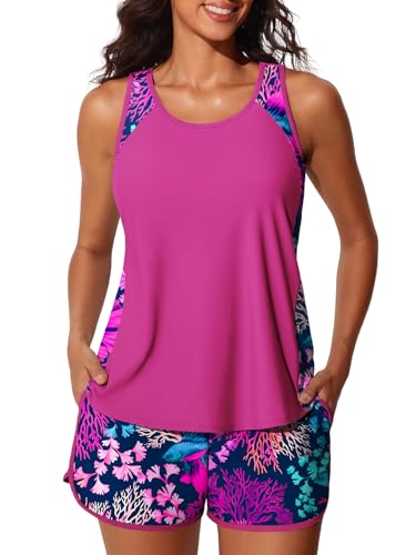 Image of Summer Mae Blouson Tankini Swimsuits for Women 2026 Tummy Control Two Piece Bathing Suits with Sporty Pockets Swim Shorts