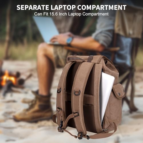 Image of WITZMAN Canvas Backpack for Men Vintage Rucksack Fits 15.6 inch Laptop | Drawstring Backpack, Travel High Capacity Casual Daypack with USB Charging Port, For Vacation, Overnight Trip, A8004 Brown