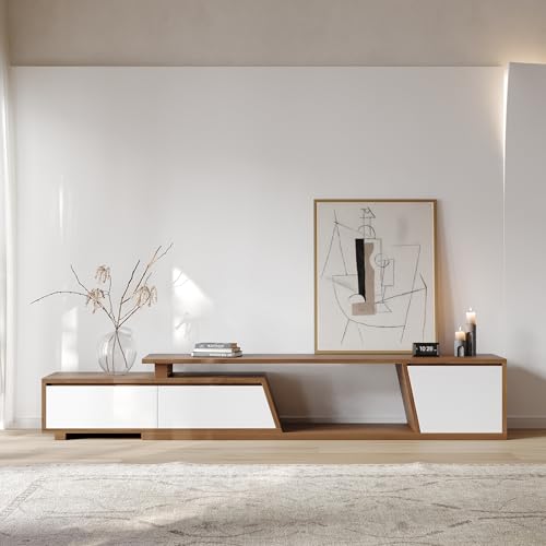 Homary Meuble TV Extensible Bois avec 3 Tiroirs Spacieux, MDF Écologique, Rangement Ouvert, Design Moderne pour Salon, Installation à Gauche/Droite (Blanc)