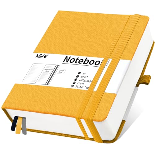 Mlife Notizbuch A4 Liniert,Dickes Notizbücher mit 360 Seiten und 100g/M² Tintenfestes Papier,Hardcover Collegeblock, Tagebuch mit 2 Rücktasche für im Büro oder in der Schule(Gelb)