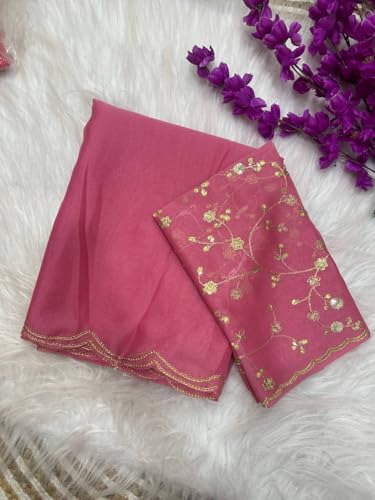 Image of Chinon Silk Saree with Embroidered Blouse, Traditional Georgette Saree, Elephant Embroidery Pattern, V-Neck Design, Free Size, Festival Wear