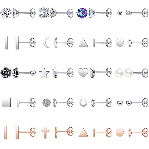 20 Pairs Stainless Steel Stud Earrings for Women Men Cute Small CZ Stud Earring Set Pearl Ball Heart Bar Moon Star Stud Earrings
