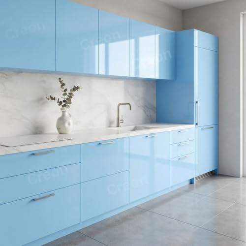 Image of Sky Blue Glossy Peel and Stick Wallpaper Self-Adhesive for Countertops, Kitchen, Cabinets, Waterproof, Removable, Easy to Apply, Decorative Vinyl (12 x 150 inch, Sky Blue Glossy)