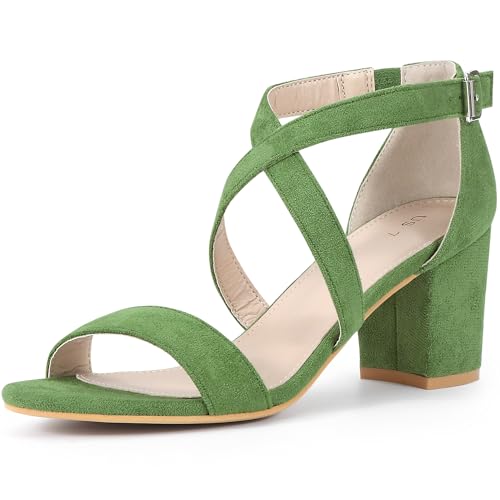 Allegra K Women Open Toe Cross Strap Mid Block Heel Sandals Olive Green 7 UK/Label Size 9 US