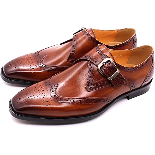 Men Formal Dress Double Monk Shoes Smart Office Monk Strap Shoes Leather Buckle Derbys Wingtip Brogues,Brown-472