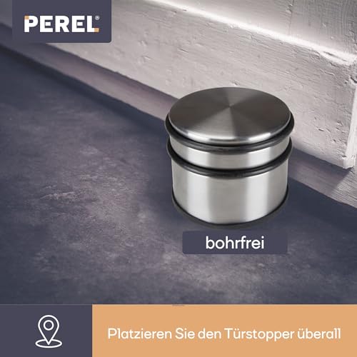 Perel Türstopper Boden ohne Bohren, Tuerstopper Edelstahl, Tür Stop rund, Tür Stopper, Türpuffer, Türhalter, Türfeststeller, rutschfester Boden Gummiring zum Schutz, silbergrau, 9 x 7.5 cm, 1 kg