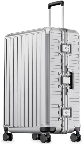 LUGGEX Koffer Groß, Koffer Trolleys ohne Reißverschluss, 100% PC Hartschalenkoffer Reisekoffer mit Aluminium Rahmen, 8 Spinner Rollen, TSA Schloss, Silber, 103L