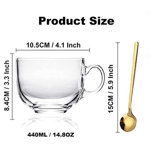 Large Clear Glass Coffee Mugs Set Of 2,14.8 Oz(440Ml)-Wide Mouth Tea Cups With Handle And Spoon Transparent Drinking For Cappuccino Cups, Latte, Milk Color 4 Piece #TOP6