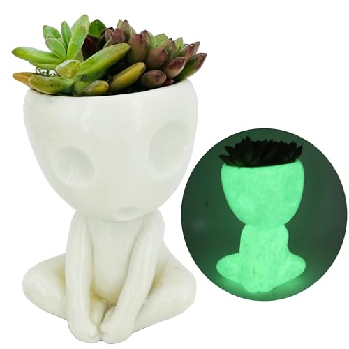 Qingo Alien Planter Succulent Pots Glow in The Dark Plant Pot Resin Cute Tree Elves Planters for Indoor Cactus Bonsai Flower Luminous Planters Office Desk Decorative/Home Decoration