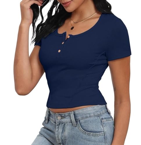 GRECERELLE Crop Summer Tops for Women Girl Henley Collar Crew Neck Casual T Shirts with Buttons, Waist Trimming (Navy Blue, M) - Image 2