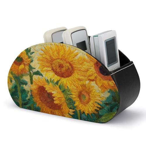 Jubonexis Soporte de control remoto de girasoles amarillos con 5 compartimentos, organizador de escritorio de cuero para TV