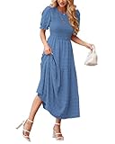 dowerme Womens Summer Dresses 2025 Casual Puff Short Sleeve Crewneck Smocked Flowy Ruffle Boho Beach Party Maxi Sundress(Grey Blue,Small)
