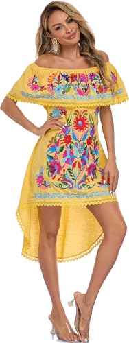 Image of YZXDORWJ Women's Mexican Asymmetrical Dress Embroidered Floral Off-Shoulder Cocktail Latina Fiesta Dress