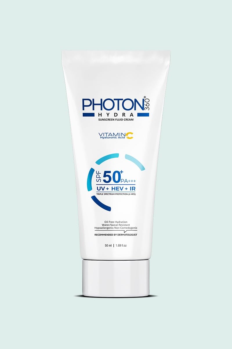 PHOTON 360 Hydra Sunscreen Fluid Cream with Vitamin C, SPF 50+ PA+++, Triple Spectrum Protection, Oil-Free, Water Resistant, 1.69 fl oz