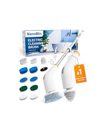 NanoMin 13 in 1 Elektrische Elektrische Reinigungsbürste mit Verlängerungsgriff, Badzubehör-Set mit 11 austauschbaren Bürsten für Toilette, Badewanne, Küche, Boden(Ivory White)