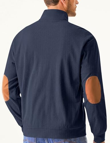 COZYPOIN Men's Corduroy Sweatshirts Casual Stand Collar Button Long Sleeve Henley Pullover Sweater with Elbow Patches3
