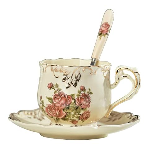 YOLIFE Englisches Vintage-Tassen- und Untertassen-Set, Teetasse und Untertassen-Set aus Keramik Cover