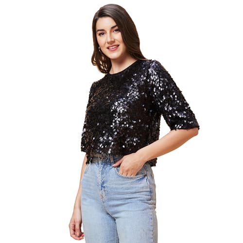 Image of Globus Women Black Embellished Round Neck Party Top-3639444001