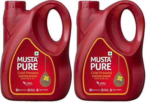 Image of Musta Pure Cold Pressed Kachi Ghani Mustard Oil 5 Litre Cooking Oil, Unrefined, Naturally Cholesterol Free, A1 Grade Real Seeds For Natural Aroma & Flavour For Roasting, Frying, Baking - Jar