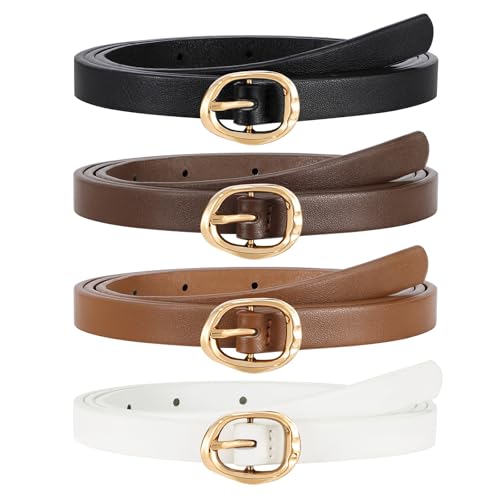 4 Pack Women's Skinny Genuine Leather Belt Slim Thin Waist Belt for Jeans