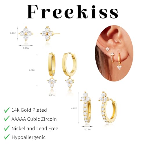 Image of Freekiss 3 Pairs Gold Hoop Earrings Set: Dainty Stud Earrings Trendy Small 14K Gold Plated Hypoallergenic Dangle Cartilage Huggie Hoop Earrings for Women Gold Jewelry for Women Gifts