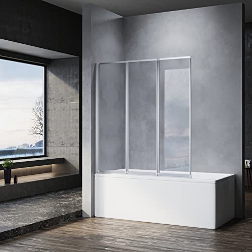 Sonni Mampars Bañera Plegable 3 Hojas Cristal Templado de 6mm con Recubrimiento Nano de Dos Lados, Mamparas de bañera Perfil Aluminio, 130 x 140 cm