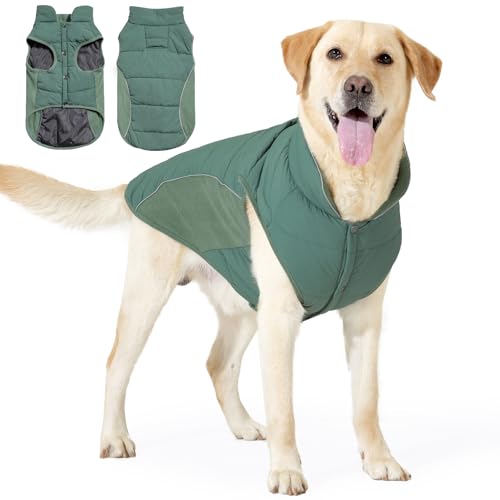 THKWOO 犬用コート 秋冬用 犬の服 ジャケット 犬服冬 防寒・防雪・防水・暖かい 前胸ボタン ハイカラー 補助牽引口付き 夜間反射デザイン 犬 冬服 着脱簡単 大型犬 中型犬 小型犬 チワワ対応 ?外 散歩 寒さ対策 防風服(グリーン XXL)