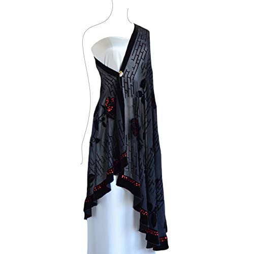 JennyJames Silk Base Burn-out Velvet Half Circle Wrap/Shawl,72"x42",Rose,Black w/Red Sequins2