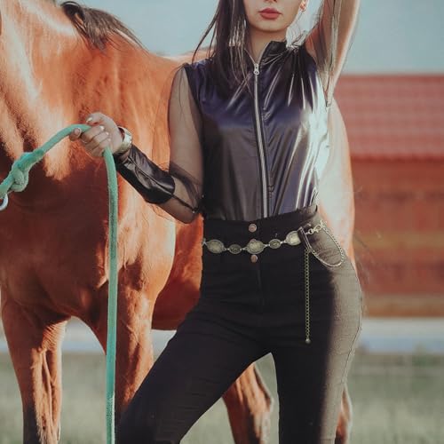 RechicGu Vintage Western Concho Belt Women Cowgirl Metal Oval Carved Belt Boho Waist Chain Belt for Jeans Country Concert4