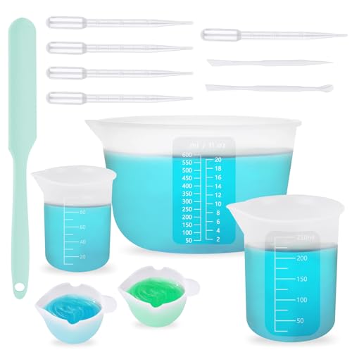 3 Pièces Mesurer en Silicone avec Gradué, 100ml/250ml/600ml Gobelet Doseur en Résine époxy, Réutilisable Verres Doseur Silicone avec Petits Bols de Mélange, Pipettes et Spatule pour, pour Bricolage, M