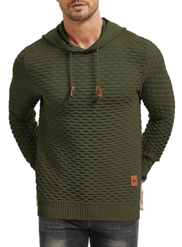 Men's Waffle-Knit Hooded Pullover Sweater Solid Color Hoodie with Adjustable Drawstrings & Leather Tag