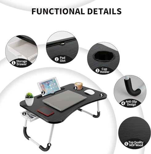 Image of TEKCOOL Study Table Foldable Wooden Laptop Bed Tray Table, Multifunction Lap Tablet Desk with Cup Holder, Perfect for Eating Breakfast, Reading Book, Working, Watching Movie On Bed;