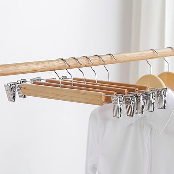 Image of Wooden Hangers for Clothes Hanging | 360 Swivel Hook with 2-Adjustable Clip Hangers for Pants, Skirts, Sarees | Wooden Trousers Bottom Hangers for Wardrobe (10, Beige)